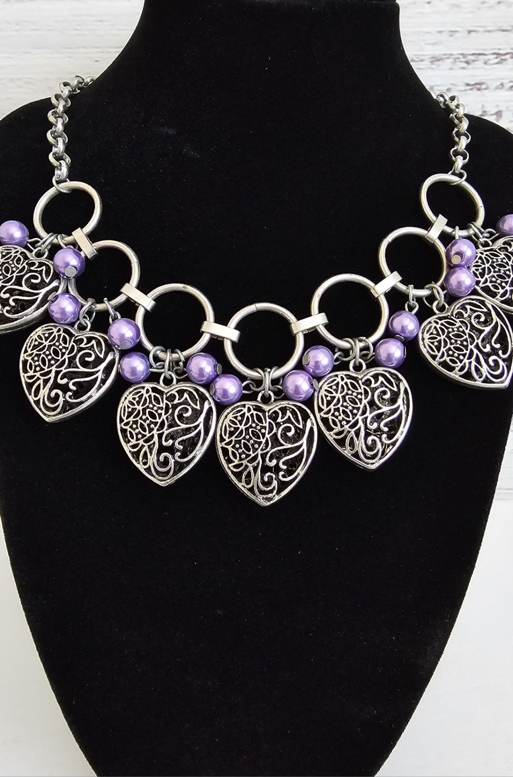 Silver Tone Heart Bib Necklace Lavender Faux Pearls 17″ 20″ Boho Statement