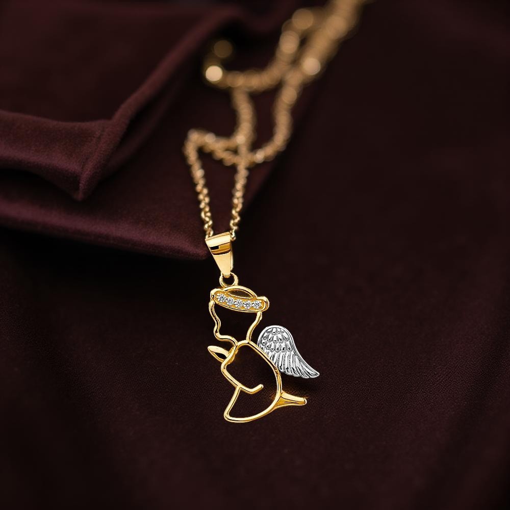 14K Two-Tone Gold Angel Pendant with CZ Accents 28x15mm Charm 1.3g