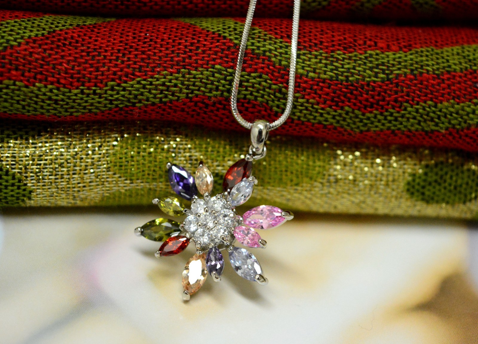 18KGP White Gold Cubic Zirconia Multi Color Flora Pendant Necklaces