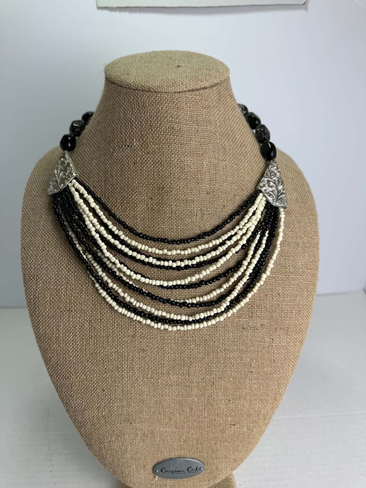 Chic Black White Multi-Strand Beaded Statement Necklace Silver Tone Accents
