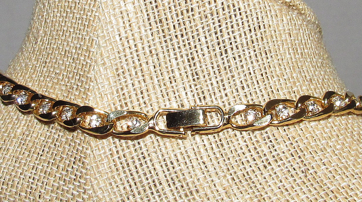 Flat Curb Link Chain Necklace Clear Rhinestones Gold Tone Choker