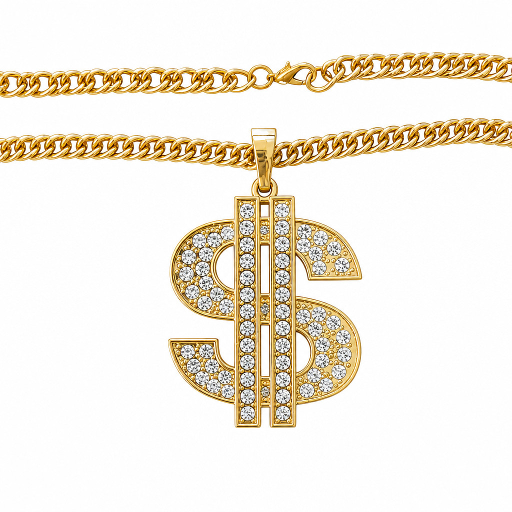 Gold Tone Metal Clear Colorless Rhinestones Dollar Sign Pendant Necklace Hip Hop