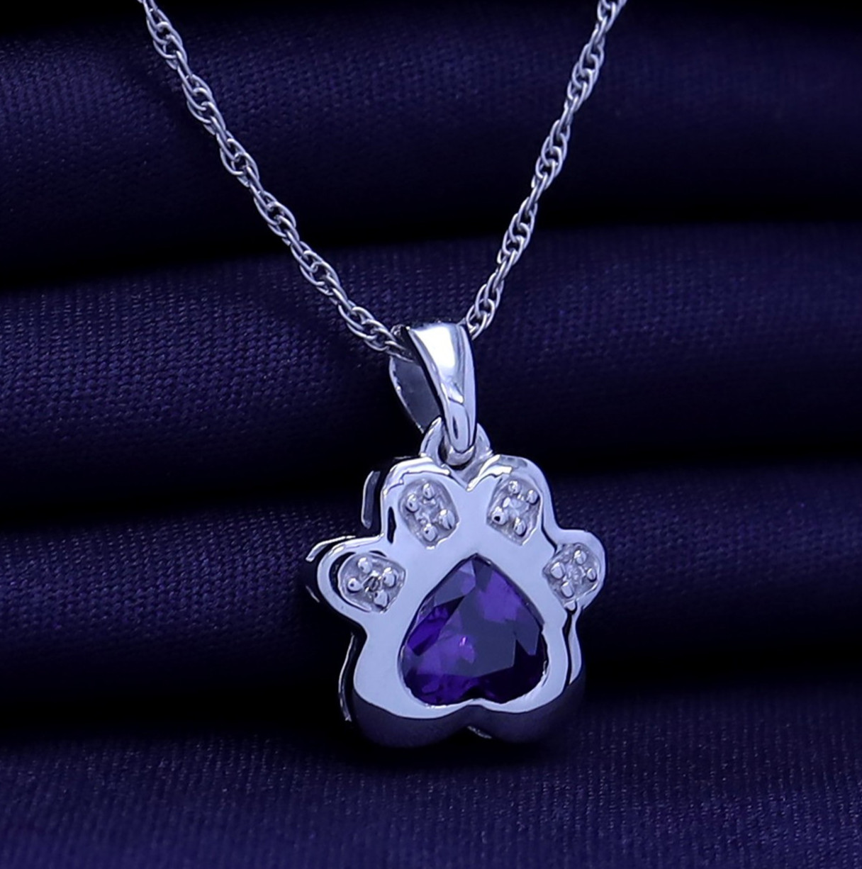 Accent Paw Print Pendant 18″Necklace Simulated Birthstone 925 White Gold Plated