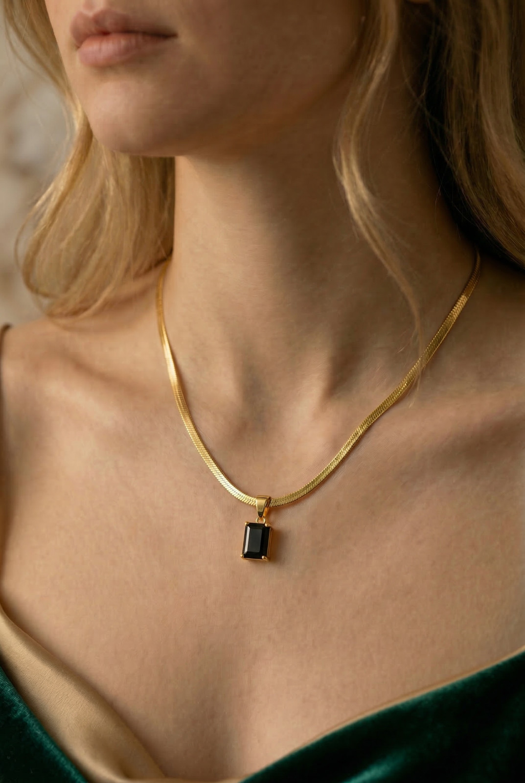 18K Gold-Plated Snake Chain Emerald CZ Pendent Dainty Layered Necklace Women
