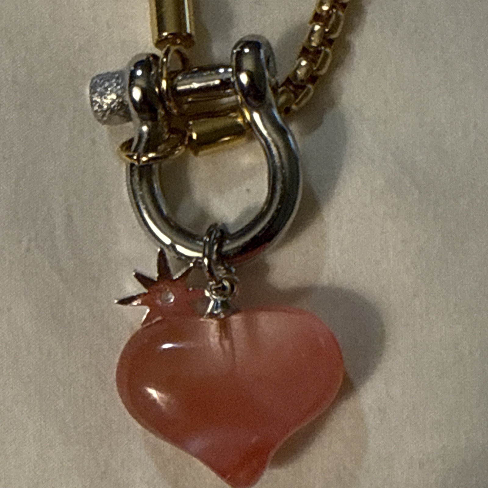 Gold Tone Cable Chain Necklace Pink Heart Love Theme Charm Pendant