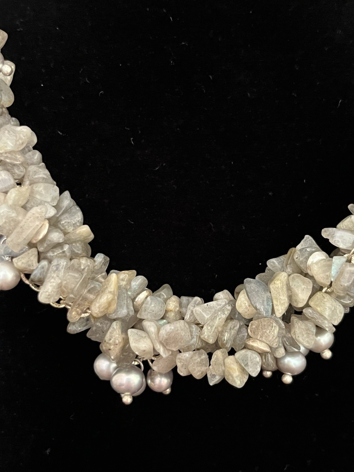 Labradorite and Pearl Statement Necklace 16″ – Beaded Collar Multi Strand Twist