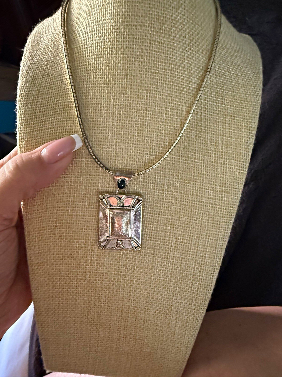 Avon Art Deco Two-Tone Rectangle Charm Pendant Necklace Snake Chain Box Signed