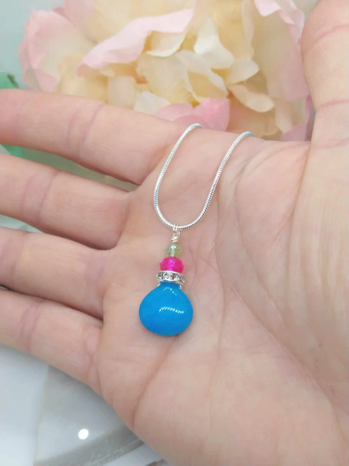 Blue Teardrop Gemstone Silver Snake Chain Necklace, 18 Inch, Teardrop Charm