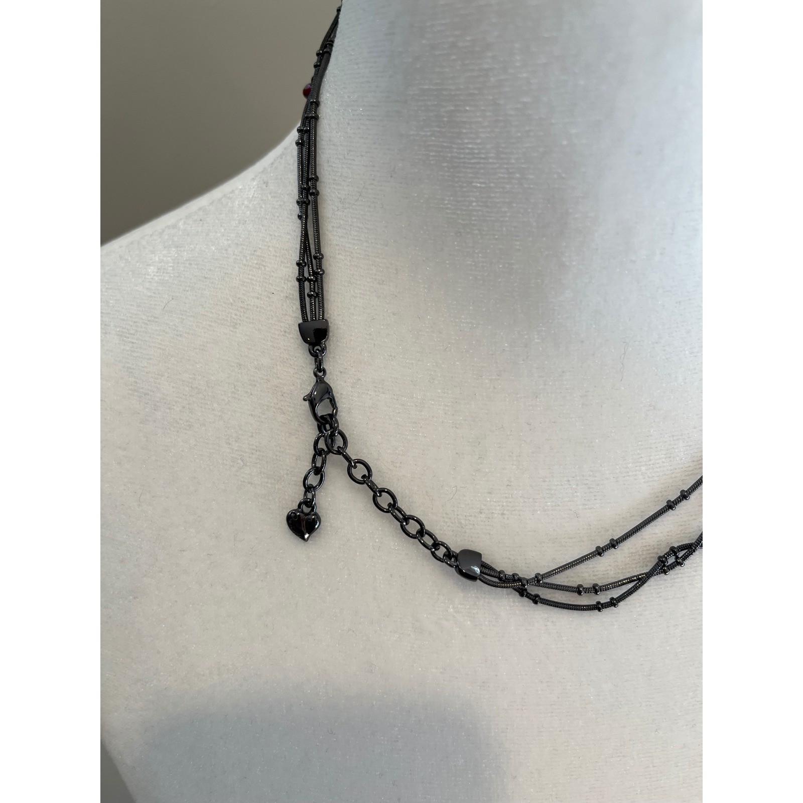 New York & Company Red Bead Gunmetal Tiered Triple Strand Necklace Heart Charm