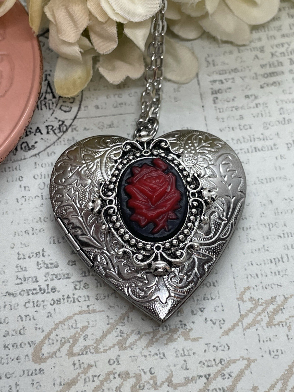 Heart Silver Black Red Locket Rose Gothic Necklace Photo Bride bridal wedding