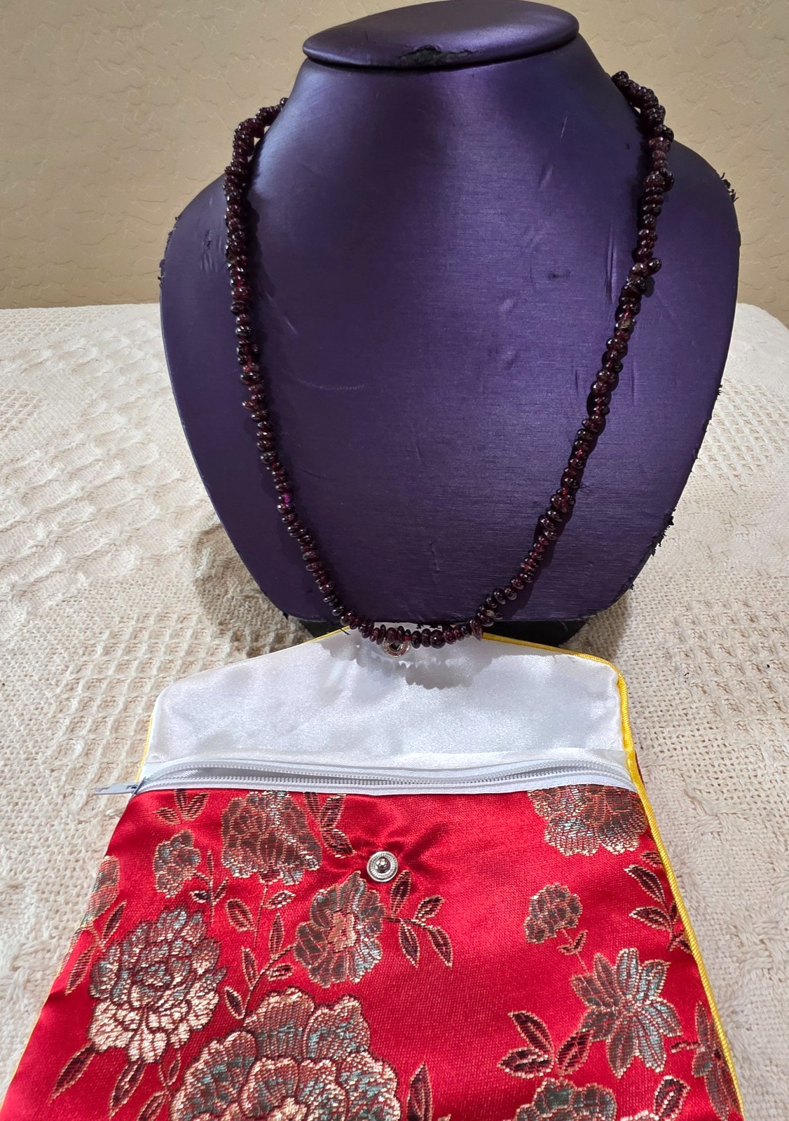 Vintage Natural Red Garnet Nugget Bead Beaded Necklace Original Silk Satin Bag
