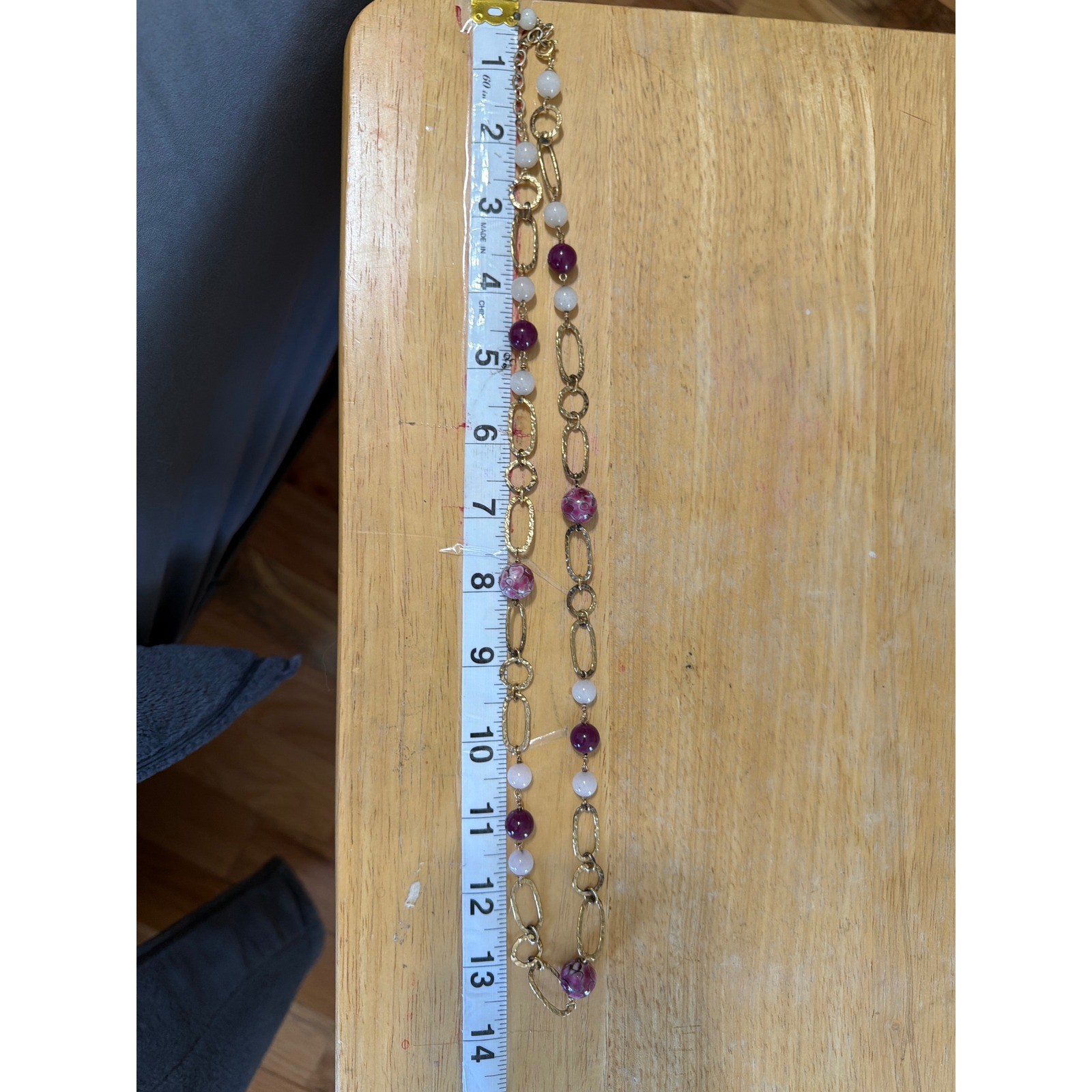 Gold Tone Purple and Pink Beaded Long Oval Link Station Necklace Boho Layering