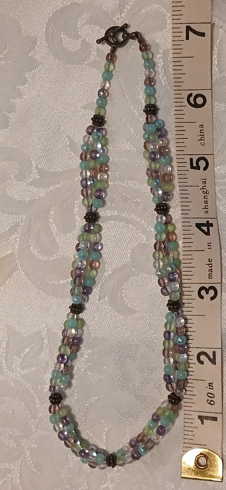 Triple Strand Choker, Amethyst, Blue, Clear, Glass, Toggle Clasp, 15″, Handmade