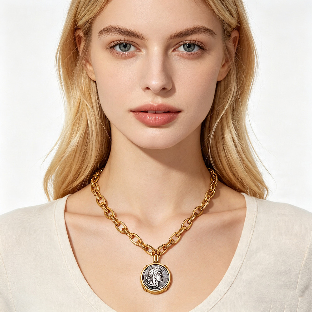 Two-Tone Gold Silver Big Coin Pendant Set Vintage Chunky Link Necklace Earrings