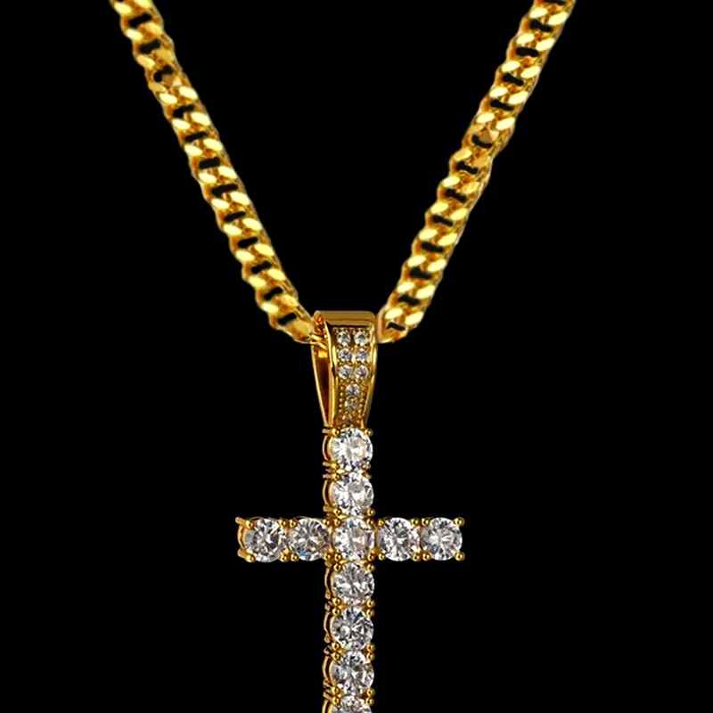 Gold Tone Cuban Link Chain Necklace with CZ Cross Charm Pendant, Gold Plated