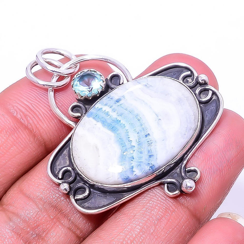 Blue Scheelite – Turkey & Aquamarine 925 Sterling Silver Pendant 1.72″ P12