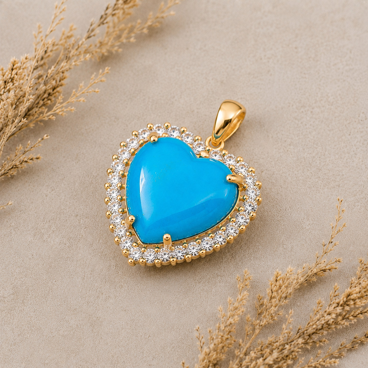 Turquoise Heart Pendant Brass CZ Halo Necklace Charm Gift for Her