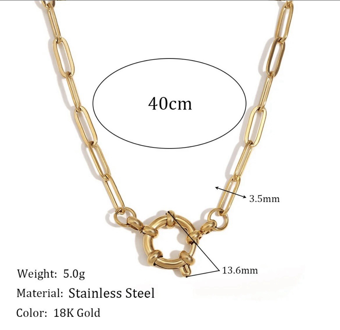 18K Gold PVD Stainless Steel Paperclip Chain Necklace, 40cm Spring Clasp Closure