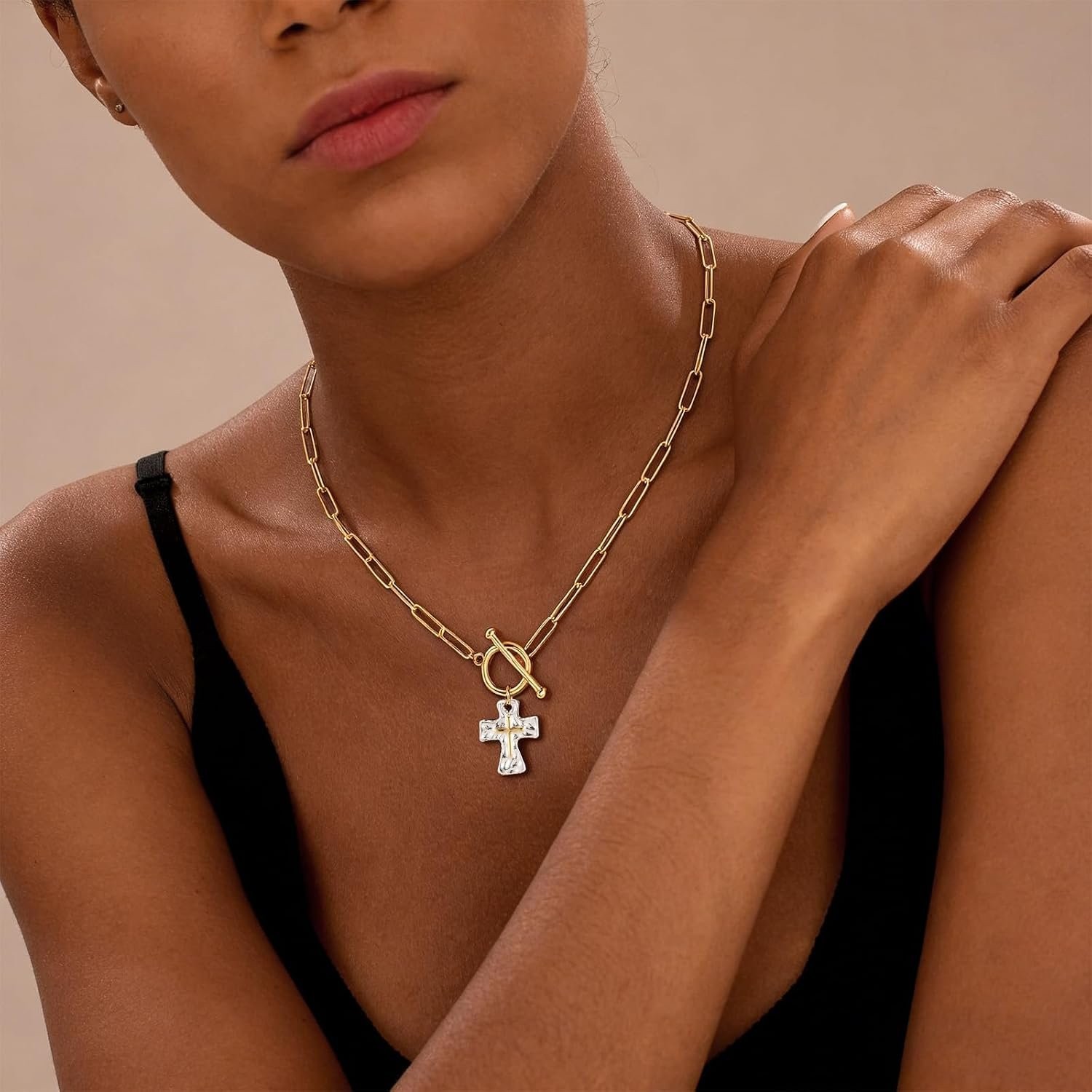 Trendy Silver Plated Cross Necklace for Women Layered Paperclip Chain 46cm