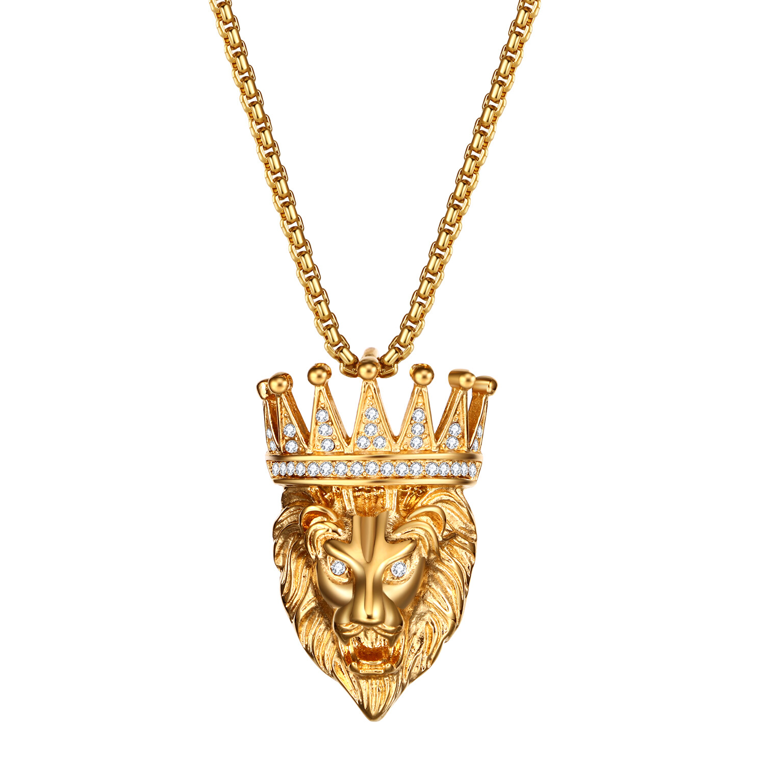 Mens Boys Hip Hop Gold Tone Lion Head Stainless Steel Pendant Necklace Chain 22″