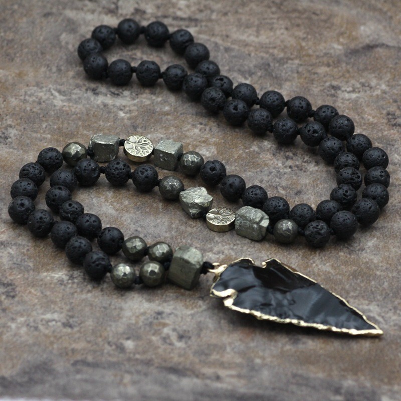 Lava Obsidian Mala Bead Healing Meditation Men Women Knotted Pendant Necklace