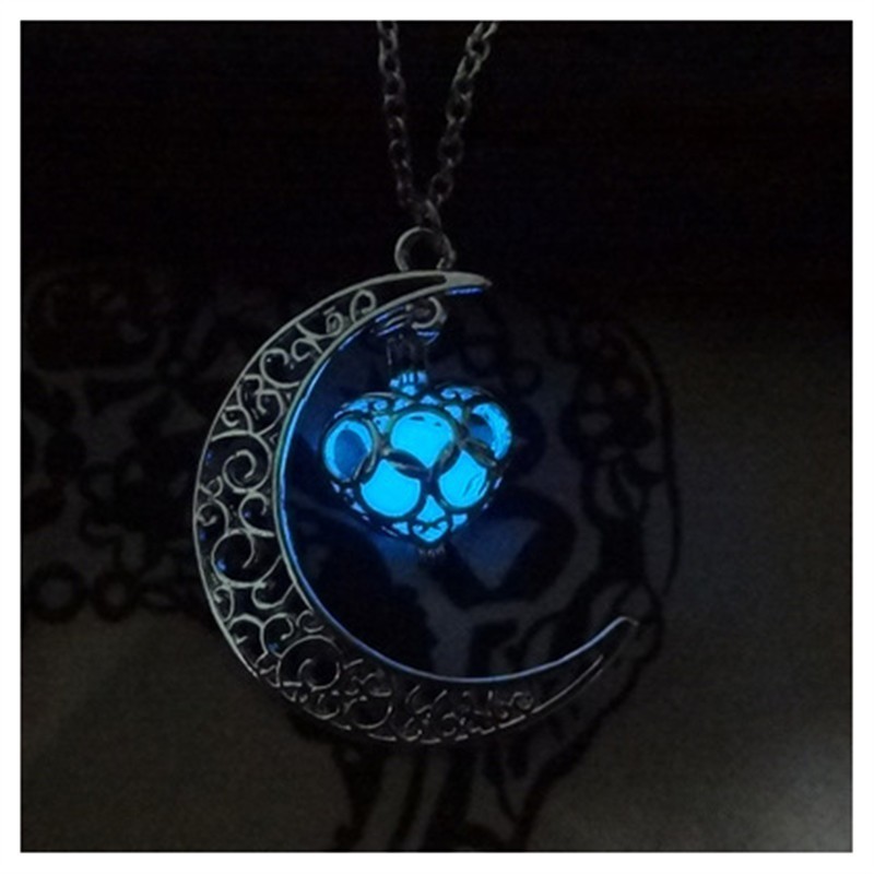 Glow in the Dark Moon and Heart Pendant Necklace – Silver Plated Fashion Jewelry