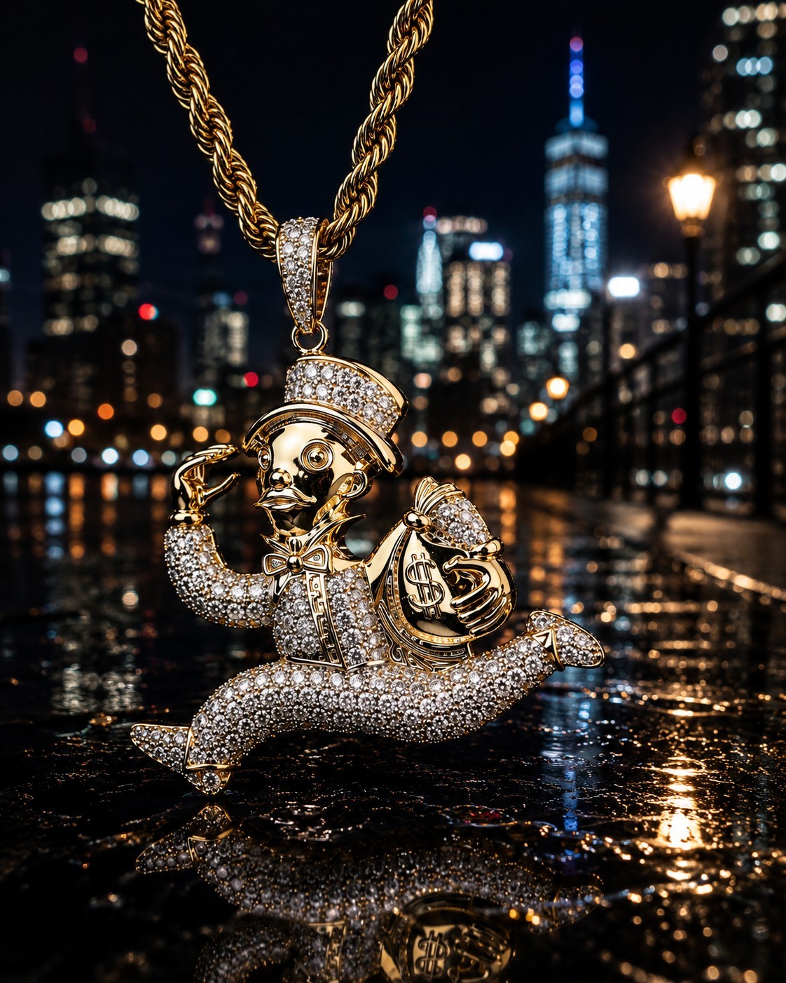 Gold Tone Monopoly Style Money Bag Pendant Necklace CZ Hip Hop Rope Chain 24″