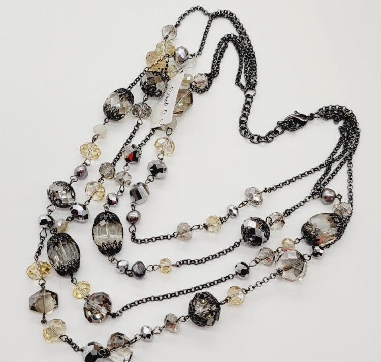 Black & Grey Beaded Multi Chain Layered NECKLACE Rocker 21″