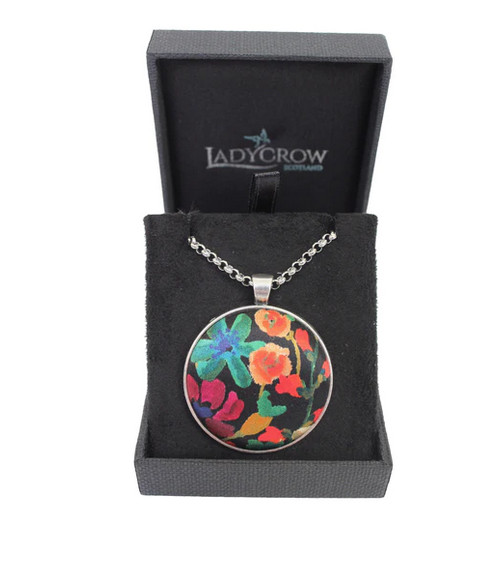 Ladycrow Luxurious Fine Liberty Silk Satin Black Floral Design Pendant Necklace