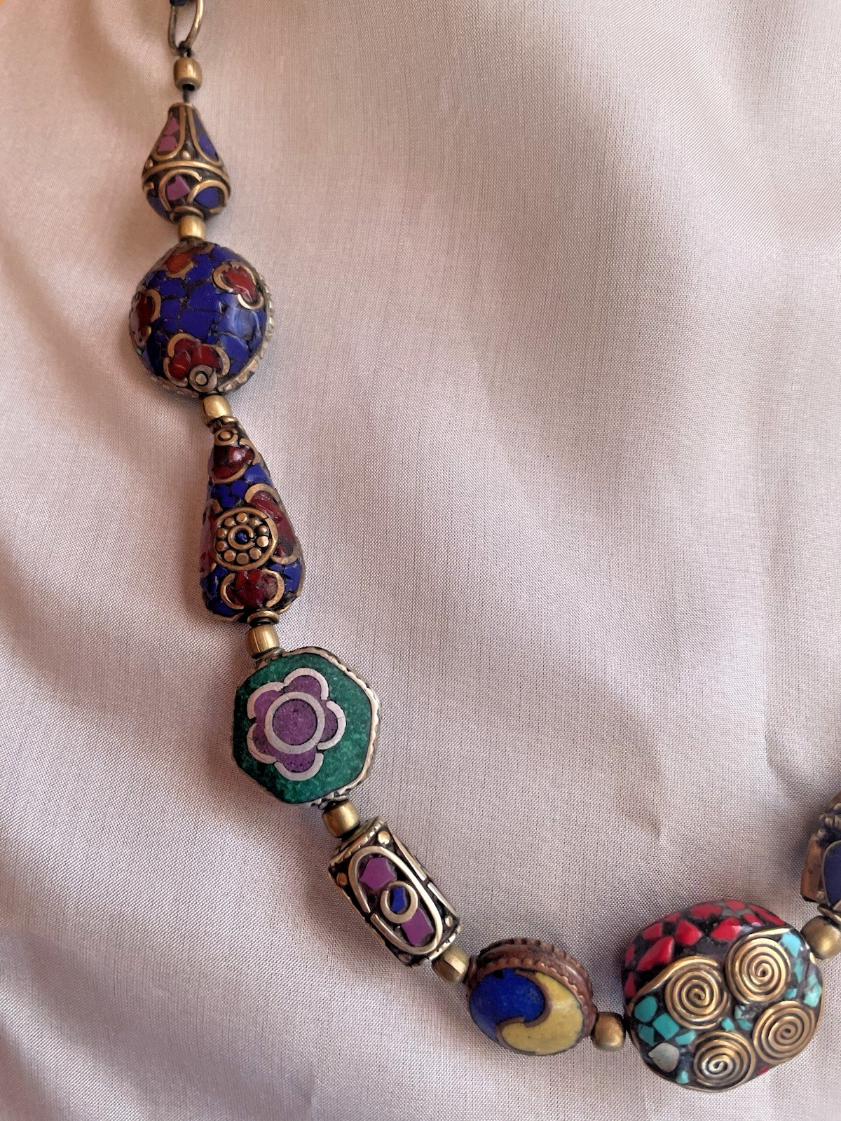 Multicolor Brass Semi Precious stones Inlay Work Nepal Bead Necklace 18” Length