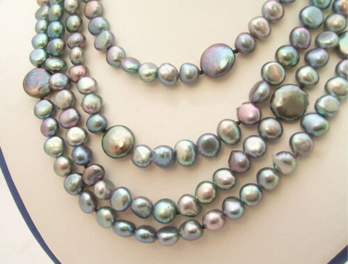 Real Natural 8-9MM Black Freshwater Baroque Coin Pearl Long Necklaces 48-64″
