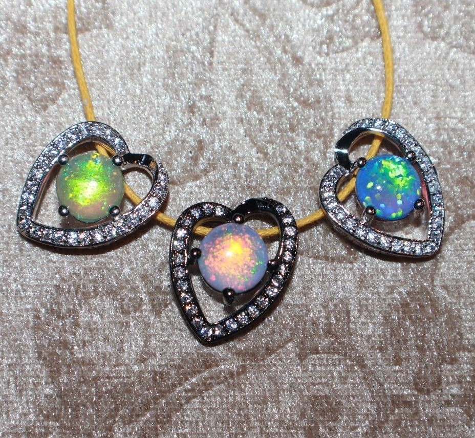 fire opal Cz necklace pendant gems black silver jewelry modern heart cocktail