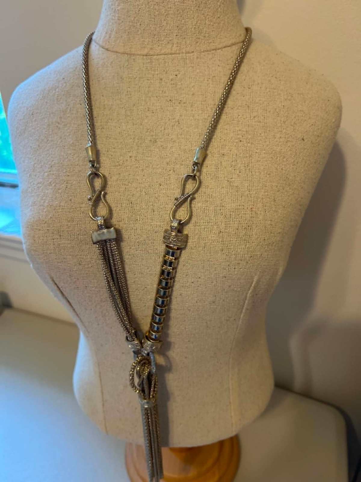 Silver Tone Multi-Strand Chain Necklace with Decorative Elements