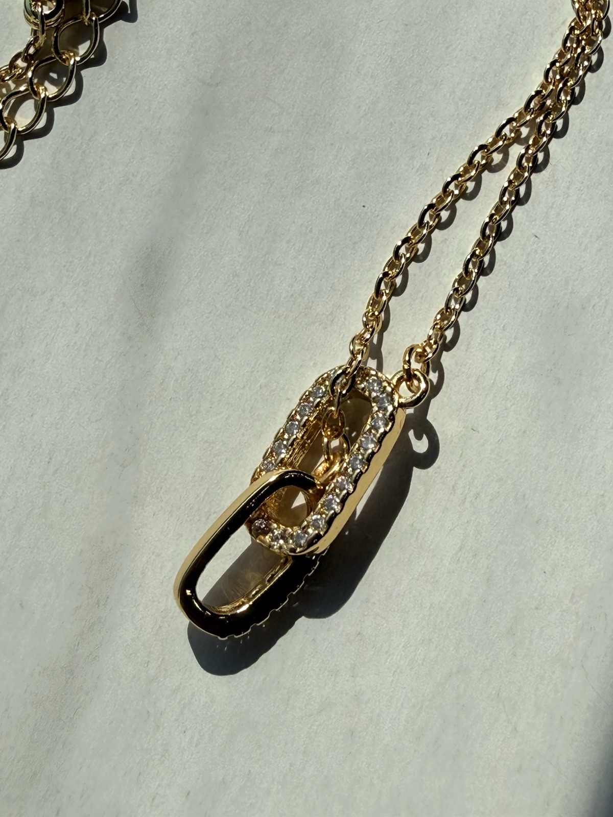 Gold Plated Cable Chain Necklace Asymmetrical Pavé White Crystal Charm Adjust
