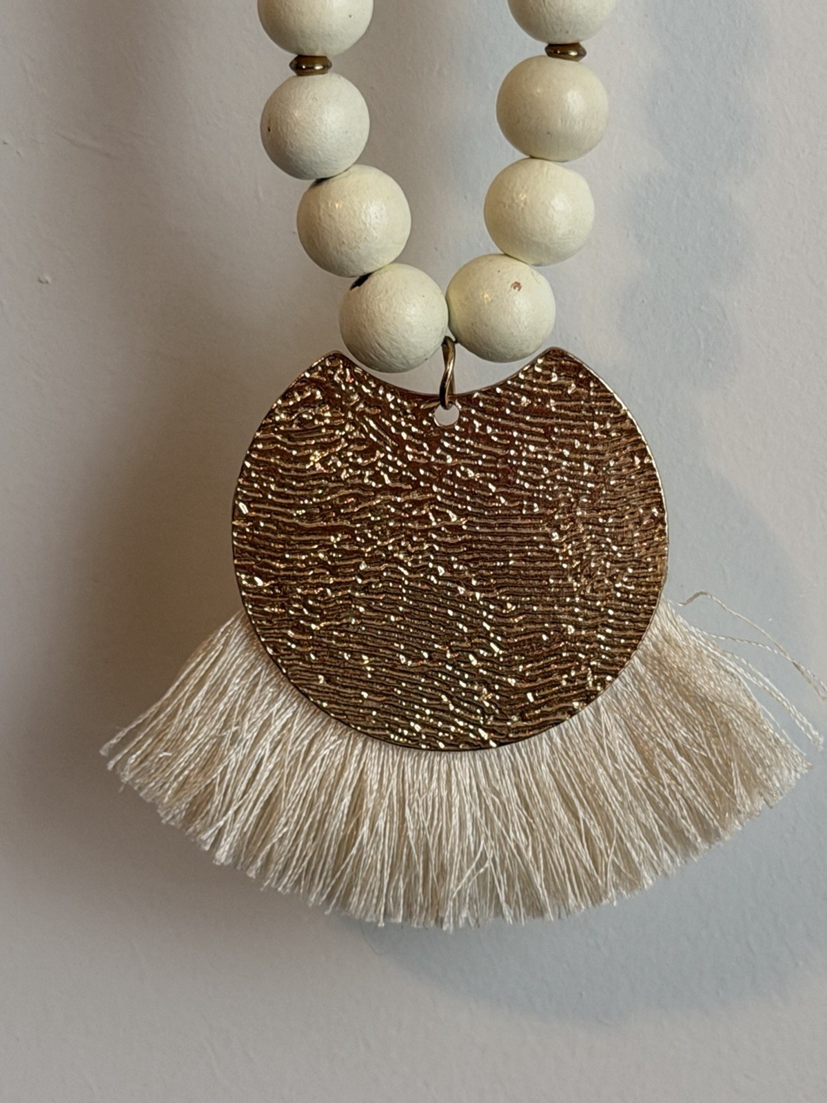 Long Gold Tone Oval Link Chain Necklace White Beads Round Pendant Tassel Fringe