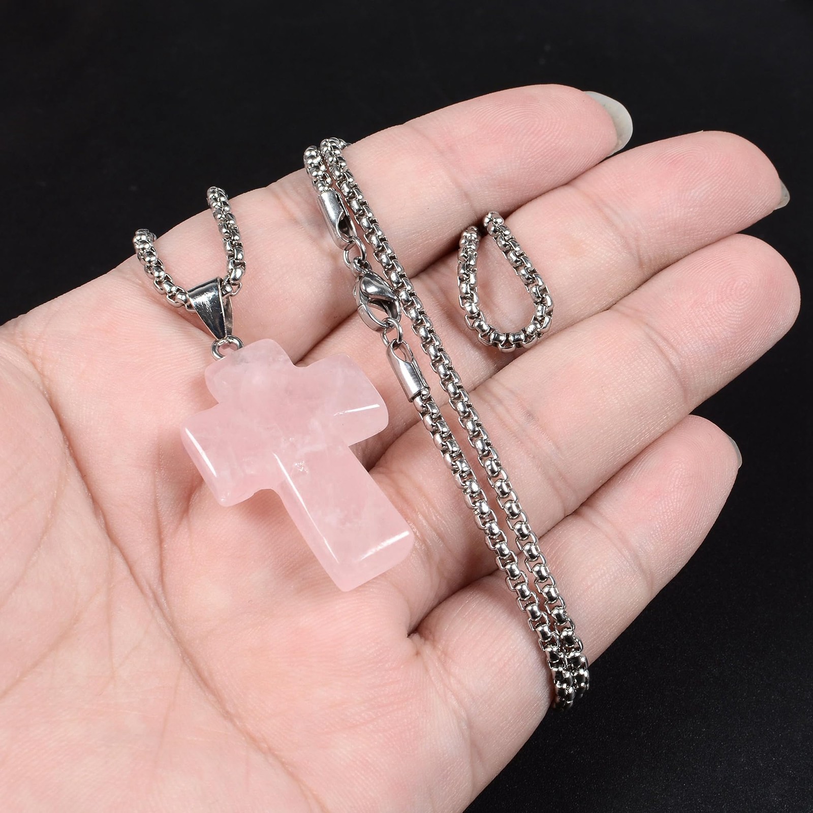 Natural Rose Quartz 32mm Gemstone Carved Cross Reiki Chakra Pendant With Stai