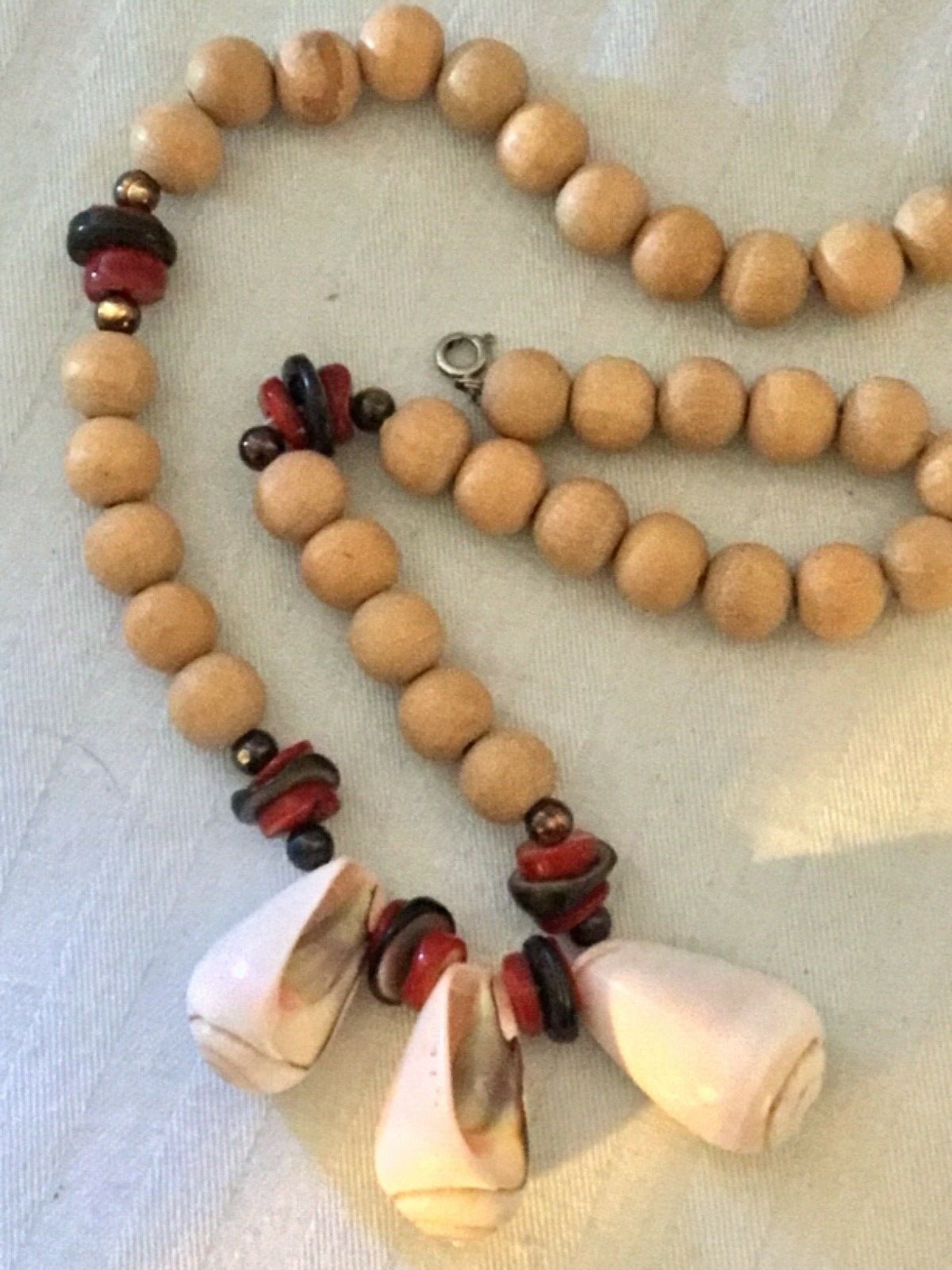 21 inch Bead Necklace With Natural Wood Beads and Shell Accents