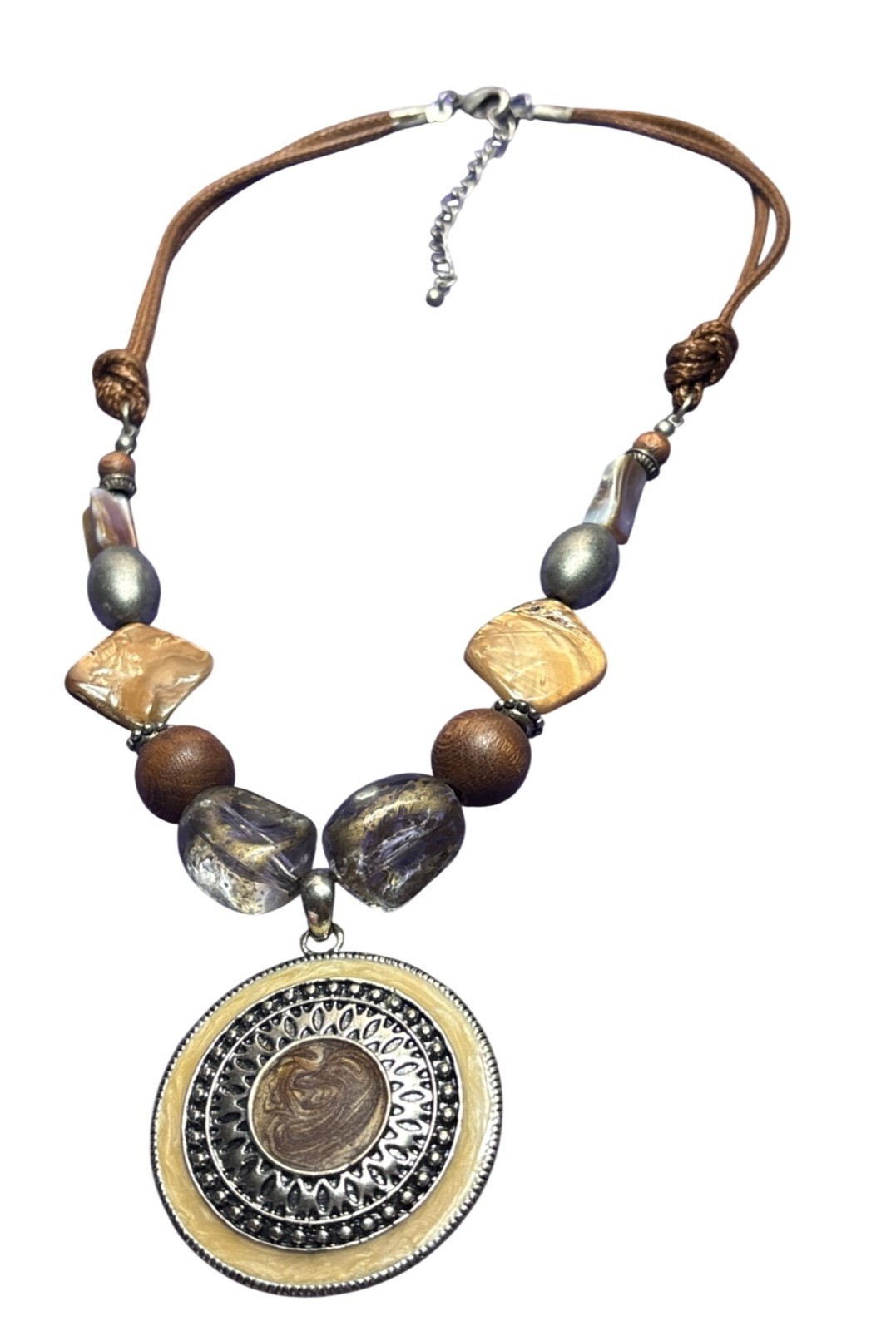 Retro Boho Beaded Brown Double Cord Necklace Shell Wooden Metal Enamel Pendant