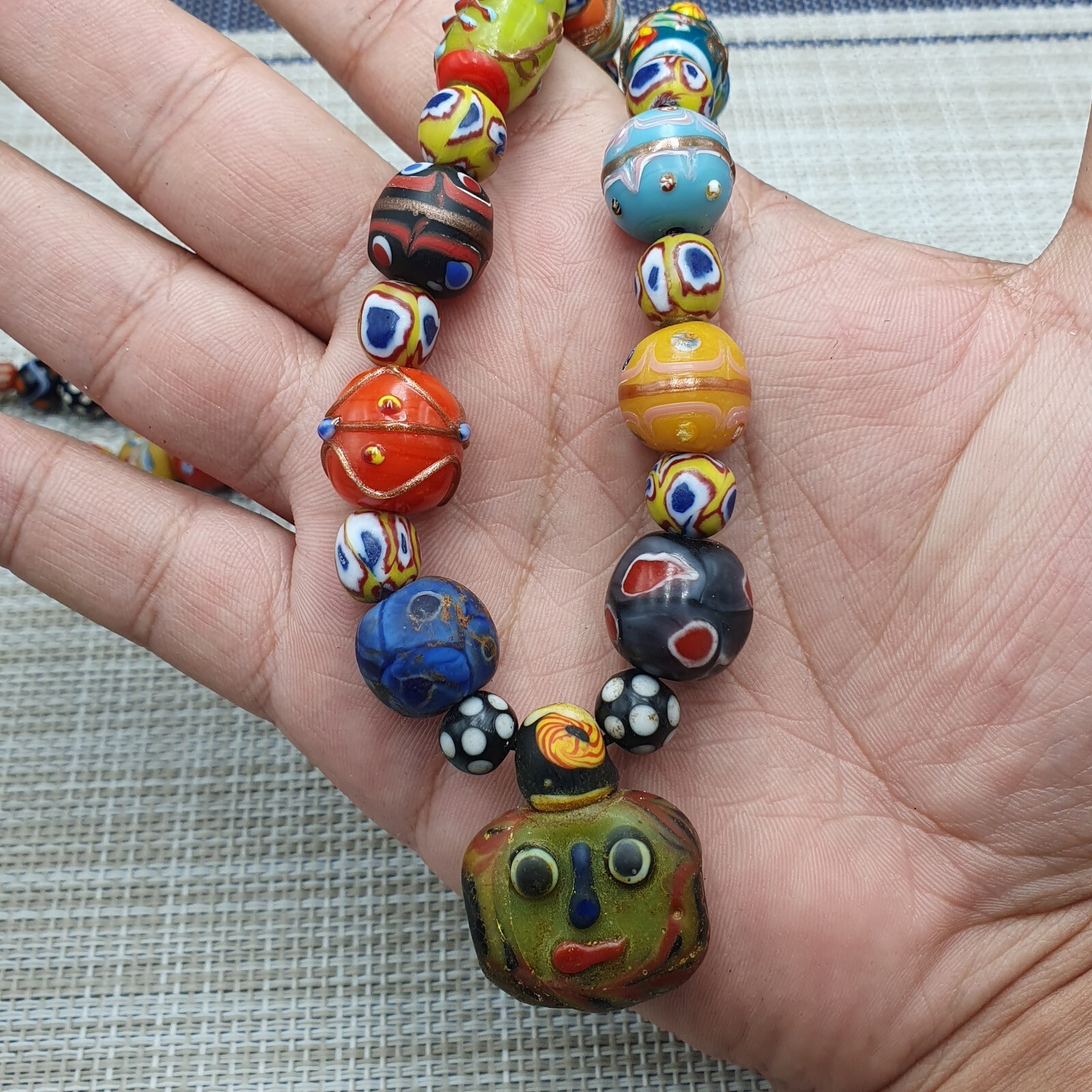 Vintage Venetian Style Mix Glass With Old Face Glass Pendant Necklace