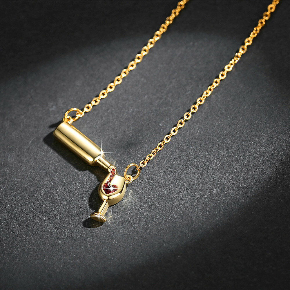 Gold Bottle of Wine w/ Glass Pendant Chain Necklace Jewelry – Cute and Fun