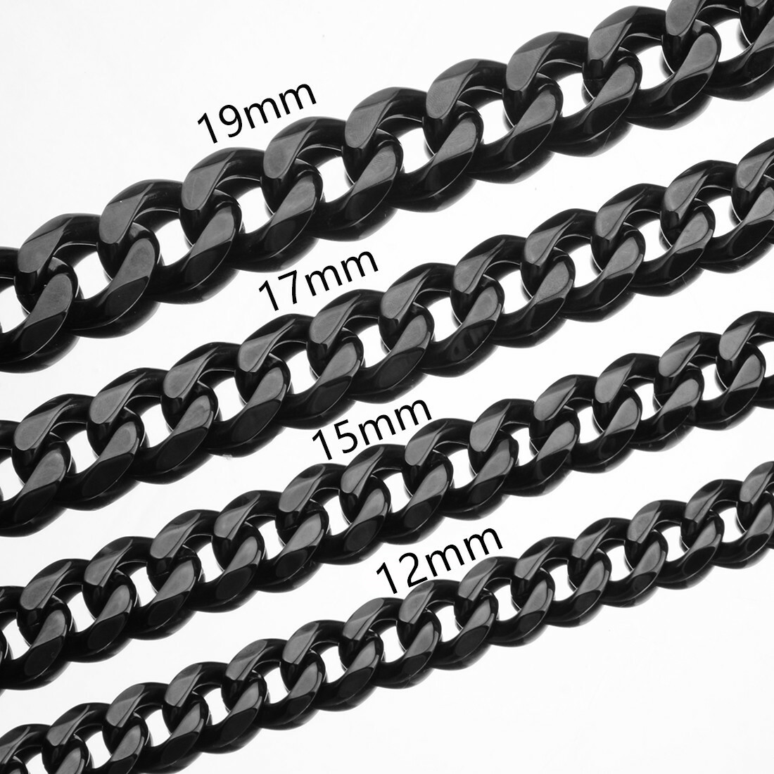 12/15/19/17MM Heavy Black Tone 316L Stainless Steel Men’s Curb Chain Necklace
