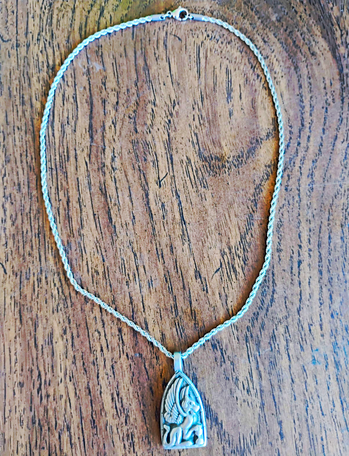 Silver Rope Chain Necklace w/ Angel Charm Pendant, Spring Ring Closure, No Stone
