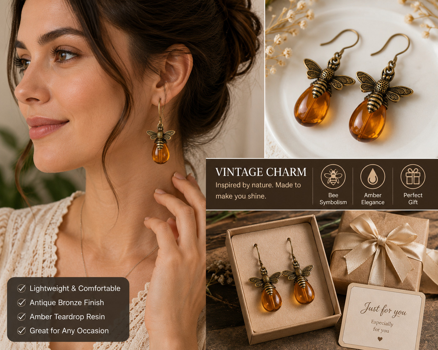 Vintage Honey Bee Drop Earrings Amber Gold Dangle Boho Jewelry Gift