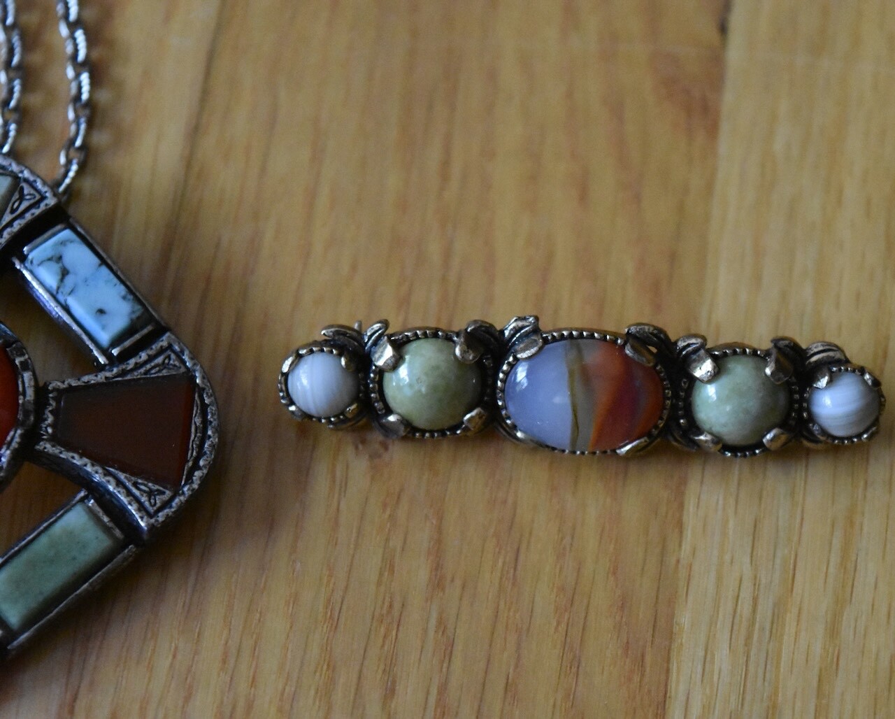 Lot of 2 Miracle Brooch & Celtic Cross Pendant Necklace Pin Faux Agate England