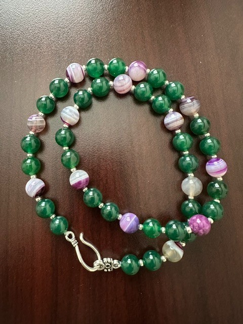 Natural Green and Purple Striped Agate 10 mm Gemstone Round Beads 22 ” Necklace.