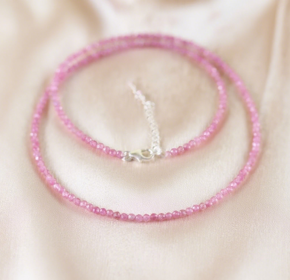 Pink Tourmaline 2mm Crystal Gemstone Beads Minimalist Dainty Choker Necklace