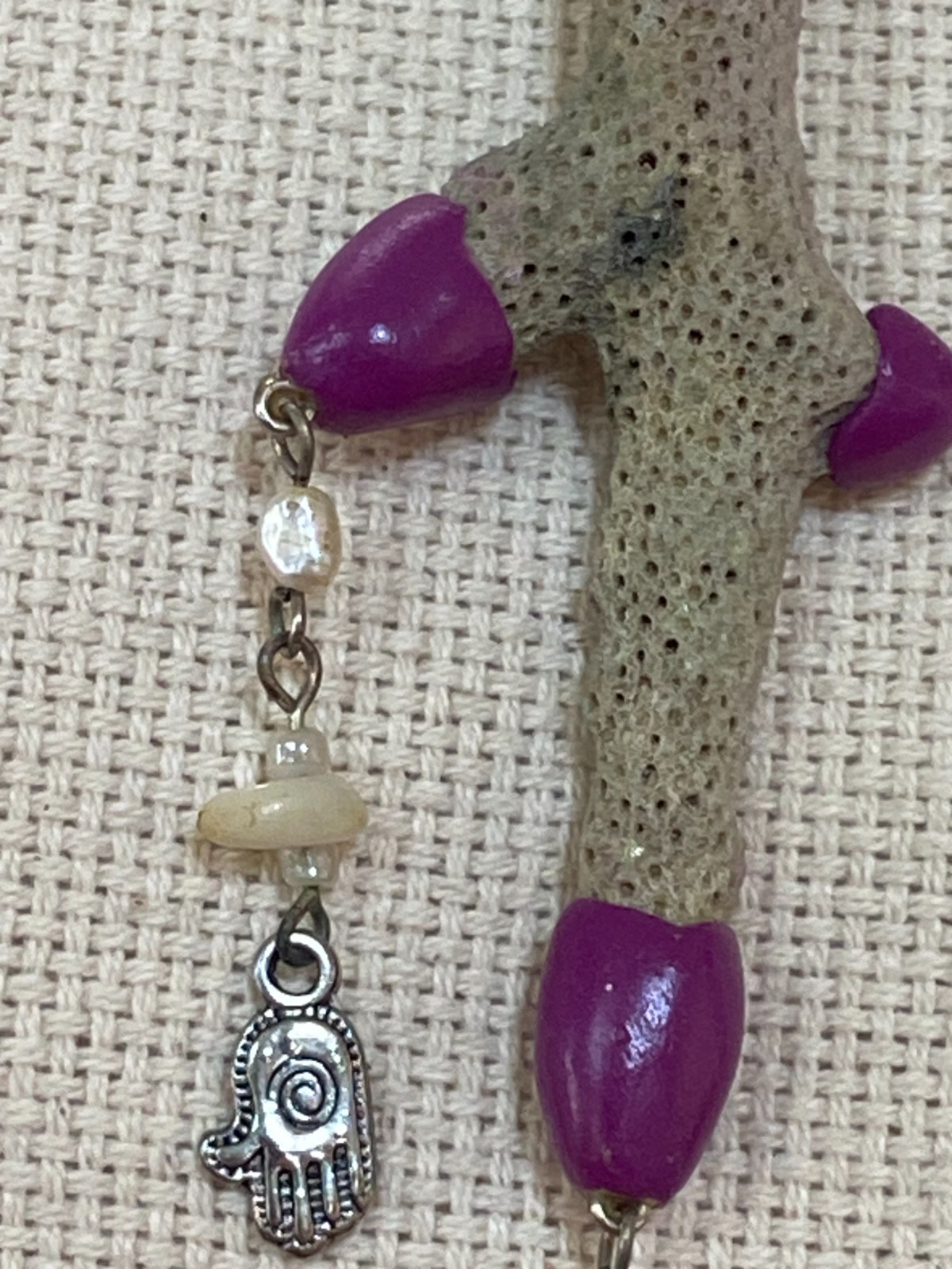 Handcrafted Coral Necklace with Purple Clay Accents and Spiritual Charms