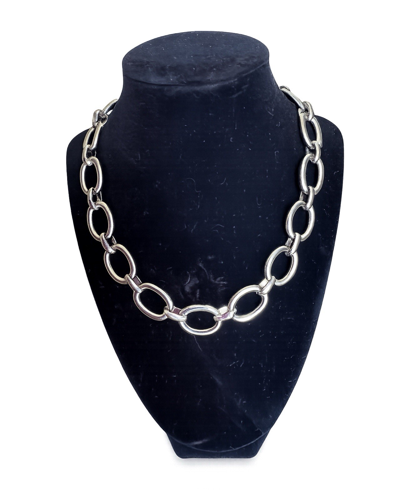 Silver Tone Oval Link Chain Statement Necklace Adjustable Lobster Closure- C.H.