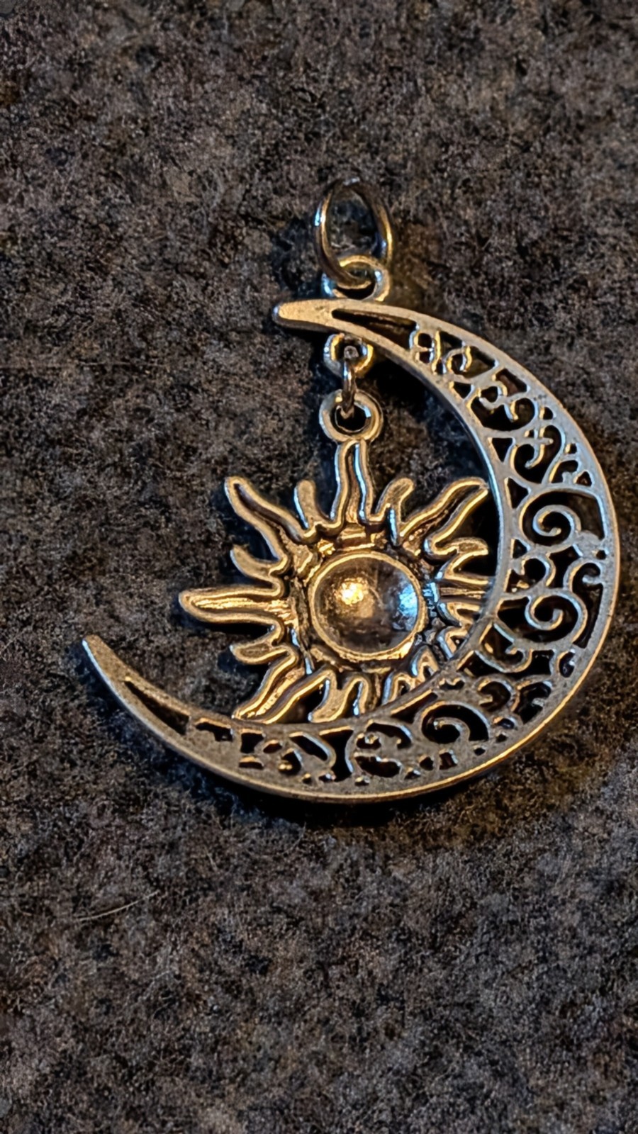 Silver Tone Crescent Moon & Sun Charm Pendant, Celestial Signs & Symbols