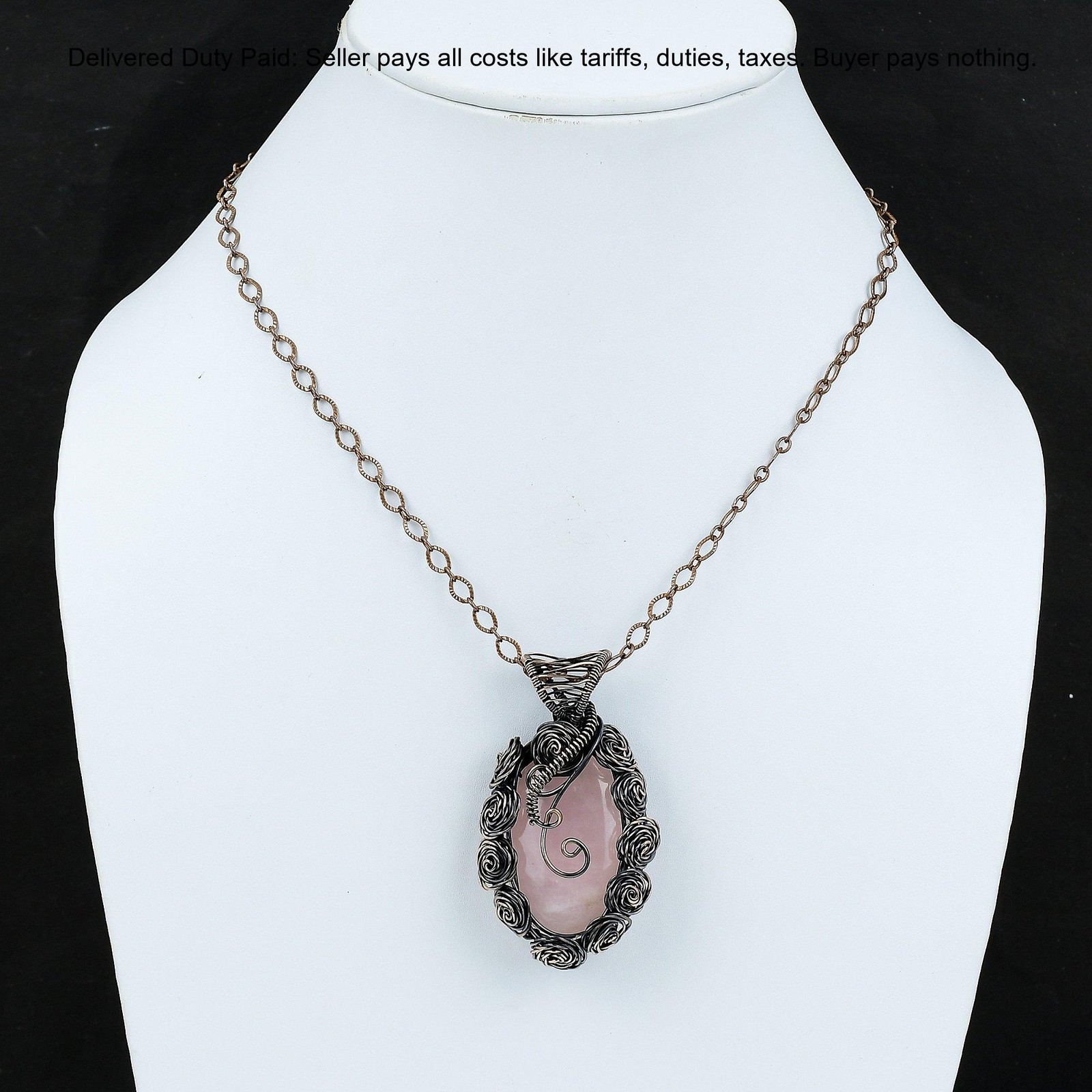 Copper Oval Rose Quartz Stone Anniversary Flower Sister Birthday Pendant Jewelry